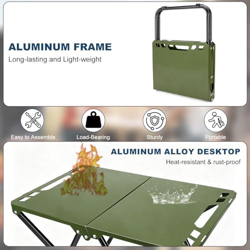 Tactical Camping Table, Collapsible Table Lightweight with Carry Bag, Durable Carbon Steel Outdoor Picnic Table for Camping, Travel expeditions, Hiking, Picnics, BBQs & Beach Trips - Green