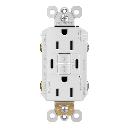 Legrand Radiant 1597TRUSBCCW 15 Amp GFCI Self Test Tamper Resistant Decorator Duplex Outlet with USB Type C, White with Screwless Wall Plate (1 Count)