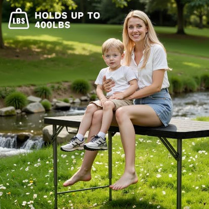 4FT Folding Table, 3 Adjustable Height & Heavy Duty, Double-Layer HDPE with Steel Legs, Foldable Table for Camping, Parties, Picnics, Black Wood Grain, 1 Pack