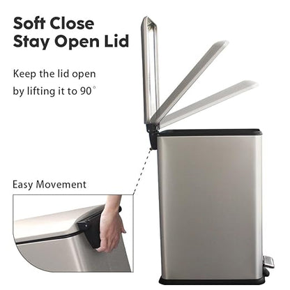 8 Gallon Slim Kitchen Trash Can, Rectangular Trash Can with Removal Inner Bucket and Soft-Close Lid, Foot Pedal, Stainless Steel Garbage Can 30 Liter, Grey