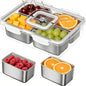 Snackle Box Container, Stainless Steel Divided Serving Tray with Lid and Handle, Large Snack Tray for Fruit Veggie Candy, 4-Compartment Snack Platter for Travel Party Beach Picnic