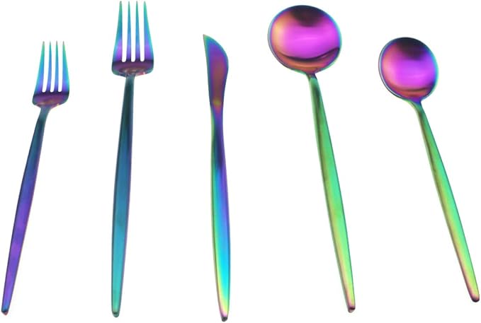 JASHII 18/10 Stainless Steel 5-Piece Matte Rainbow colorful Flatware Set,Dinner Knife Fork Salad Fork Dessert Spoon, Service for 1, Luxury Silverware Cutlery Utensil Sets
