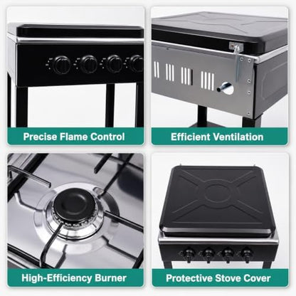 4 Burner Gas Stove Portable Outdoor Stove with Removable Storage Stand, Heavy Duty Stainless Steel Propane Gas Cooker with Wind Blocking Cover for Camping Picnic Home RV Cooking (no hose)