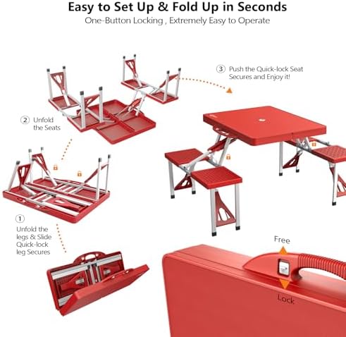VINGLI 4 Ft Portable Folding Picnic Table Camping Table Foldable Set with 4 Seats with Umbrella Hole Suitcase Card Table-220 Lbs Support Aluminum Frame, Plastic RV Tabletop for Yard, Travel