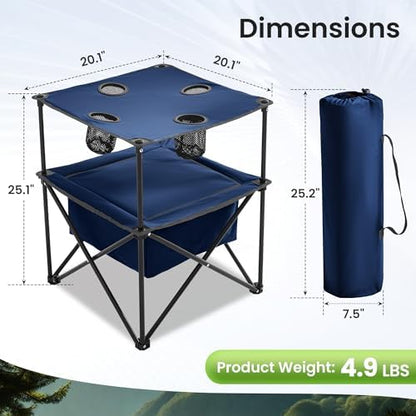 Portable Outdoor Folding Camping Table with 4 Cup Holders & Cooler Compartment, Waterproof Picnic Table for Picnic, BBQ, Beach, Hiking (Navy Blue)