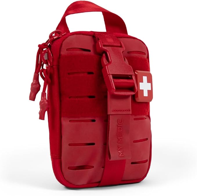 My Medic Sidekick Pro - Camping Hiking and Backpacking First Aid Kit - 70 Items with Tourniquet - HSA and FSA Eligible - Small Ifak Great for Travel or Motorcycle - Portable Emergency Kit – Red