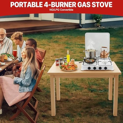4-Burner Natural Gas Stove, Portable Camping Stove with Pressure-reducing Valve & Wind Guards for RV, Apartment, Outdoor Cooking, Dual Fuel Stove with LPG & NG Compatibility - White