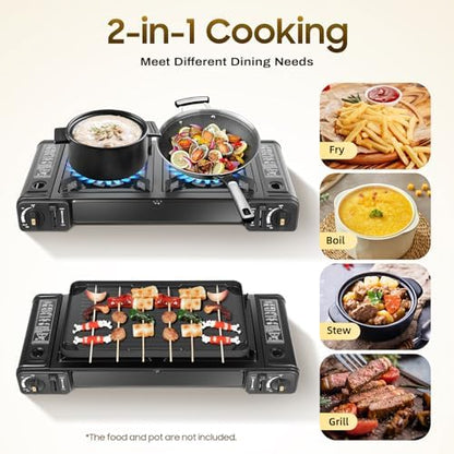 2-Burner Portable Camping Stove, Double Burner Butane Stove, Butane Camping Stove Kit with Grill Tray and Carrying Case, Outdoor Travel Camp Stove for Camping, BBQ, Home