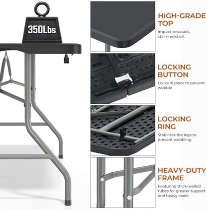 SKONYON 5ft Folding Table Heavy Duty 350 LBS Foldable Table with 18% Thicker HDPE Top Reinforced Steel Frame Portable Fold-in-Half Table Under 18 lbs for Outdoor Indoor Party Wedding Camping Black