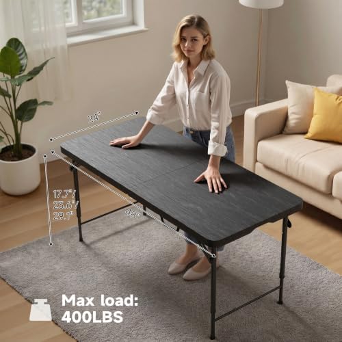 4FT Folding Table, 3 Adjustable Height & Heavy Duty, Double-Layer HDPE with Steel Legs, Foldable Table for Camping, Parties, Picnics, Black Wood Grain, 1 Pack