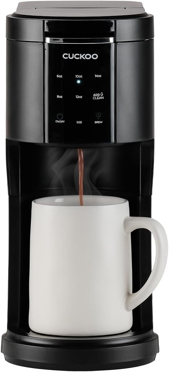 CUCKOO Single Serve Coffee Maker for K-Cup Ground Beans & Loose-Leaf Tea, Versatile 3-in-1 Pod Coffee Maker, Small Single Cup Machine with 5 Sizes and Auto-Clean Mode (CCM-AK011B)