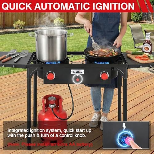 Bestfire 2 burner Camping Stove with Auto Ignition Button,Side Shelves & Regulator150,000 BTU High Pressure Gas Stove Propane Burner With Removable Legs for Outdoor BBQ&Backyard Cooking Camping Home