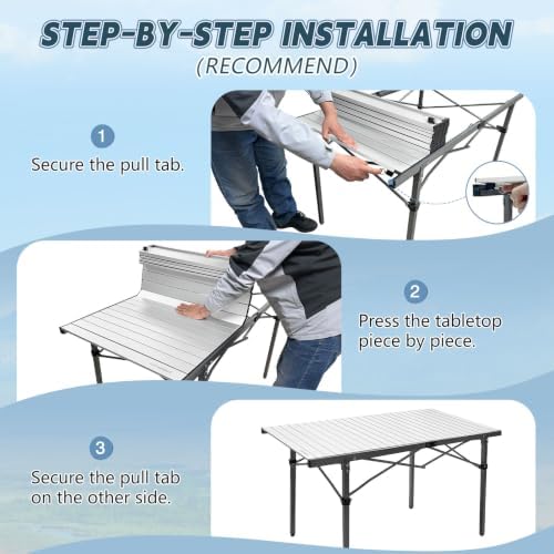 29.9" Tall Folding Camping Table for 2-6 Person, 54.7" Large Aluminum Foldable Roll-up Table Outdoor with Carry Bag for Picnic, Camp, Sturdy, Backyard, Patio