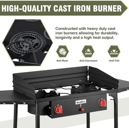 Bestfire 150,000 BTU 2 Burner Propane Camping Stove with Auto Ignition, Windpanel, Portable Outdoor Gas Cooker with Removable Legs, Side Shelves for Camping, BBQ
