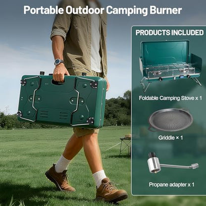 2-Burner Propane Stove, Portable Camping Cooktop with 2 Adjustable Burner and Wind Guards, 20000BTU Camping Stove with Ignition & Griddle for Camping,Tailgating, BBQ, Grilling,Outdoor Gear