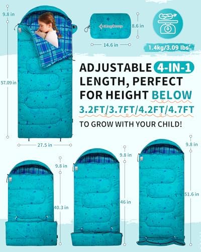 KingCamp 45°F Kids Sleeping Bag, 100% Flannel Sleeping Bag for 10-12 Child