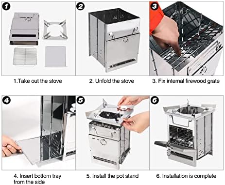 REDCAMP Wood Burning Folding Camp Stove Stainless Steel Grill and Pot Stand, Portable Collapsible Backpacking Stove Survival Rocket Stove for Hiking Outdoor Tent Camping Picnic, Largel with Pot Stand