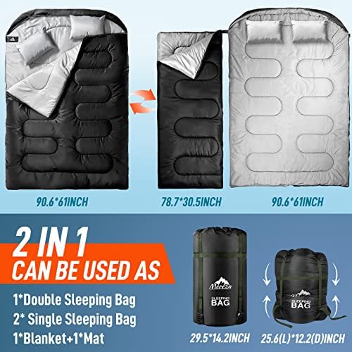 MEREZA Double Sleeping Bag for Adults Mens with Pillow, XL Queen Size Two Person Sleeping Bag for All Season Camping Hiking Backpacking 2 Person Sleeping Bags for Cold Weather & Warm