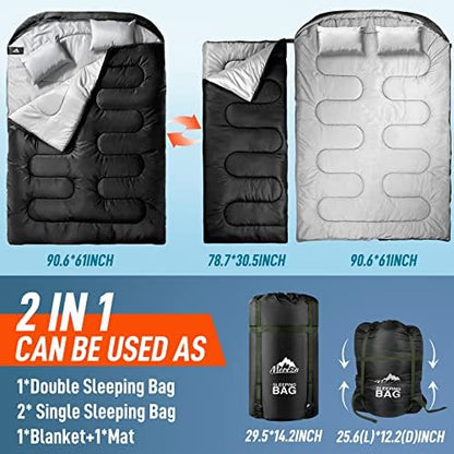 MEREZA Double Sleeping Bag for Adults Mens with Pillow, XL Queen Size Two Person Sleeping Bag for All Season Camping Hiking Backpacking 2 Person Sleeping Bags for Cold Weather & Warm