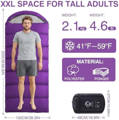XXL Sleeping Bag for Adults Lightweight 41-59℉, 3-4 Season Waterproof Camping Sleeping Bag with Compression Sack for Backpacking Hiking