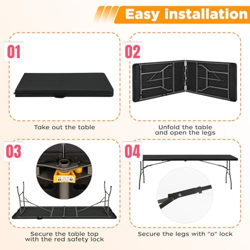 FDW | 8FT Folding Table | Black | Portable Plastic Table