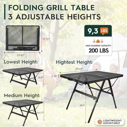 WildFinder Folding Grill Table, 3x2 FT Adjustable Height Camping Table