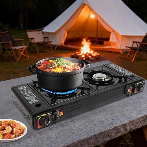 2 Burners Burner Butane Stove, Portable Camping Stove Kit with Baking Tray & Portable Case, Outdoor Travel Camp Stove for Camping, BBQ, Home