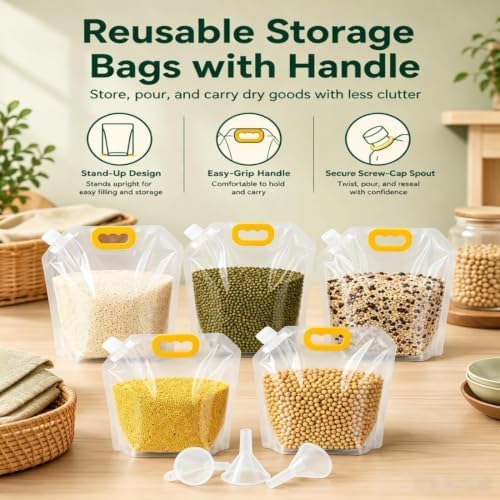 Airtight Grain Storage Bags with Handle, 5 Pack Large Capacity Cereal Containers Storage, Moisture-Proof Stand-Up Dry Food Pouches, Reusable Rice Sealed Container for Kitchen & Pantry (10PCS, 1.5)