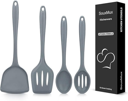 4 Pcs Silicone Kitchen Utensils Set, Wok Spatulas-Slotted Turner-Cooking Spoon-Slotted Spoon, Nonstick BPA Free High Heat Resistant Cooking Utensils for Frying, Mixing, Serving, Draining, Stirring
