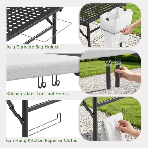 Folding Table 2 Pack, 5ft Folding Grill Table, Portable Camping Prep Table for Cooking&BBQ, 2-in-1 Metal&Solid Surface Foldable Grill Station for Camping, Backyard, Patio Cooking Use(Black and White)