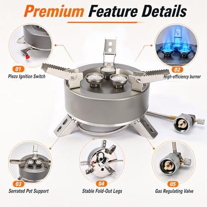 Portable Camping Stove, 5800W Foldable Outdoor Gas Stove with Nonstick Pot, Frying Pan, Mesh Carry Bag, 1 lb Propane Tank Adapter and Hose for Camping, Hiking, Picnic