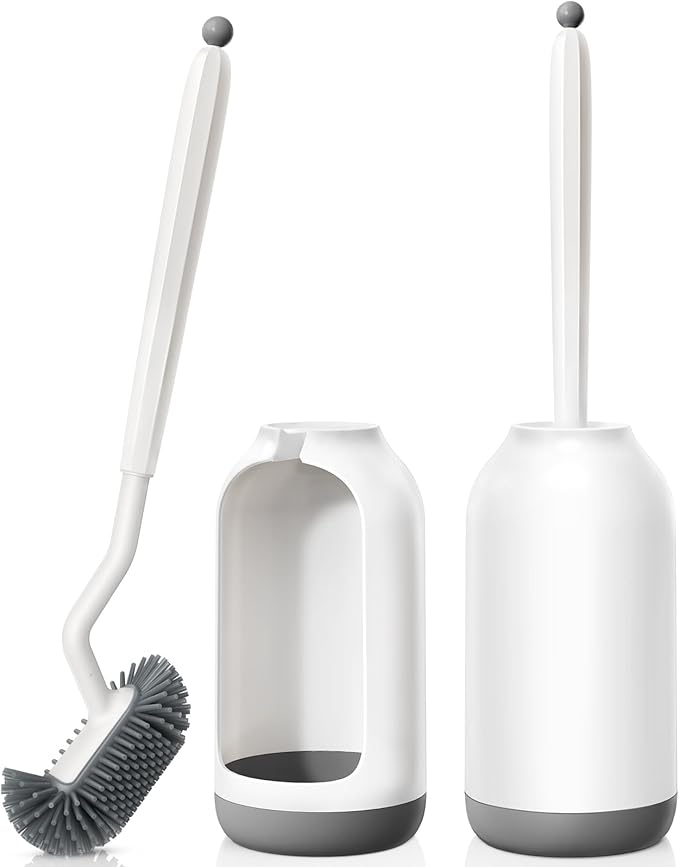 HAMITOR Toilet Bowl Brush Holder Set: 2Pack Deep Cleaning Silicone Toilet Scrubber Under Rim with Curved Bristle for Bathroom Dead Corner Clean - Modern Rv Decorative Accessories