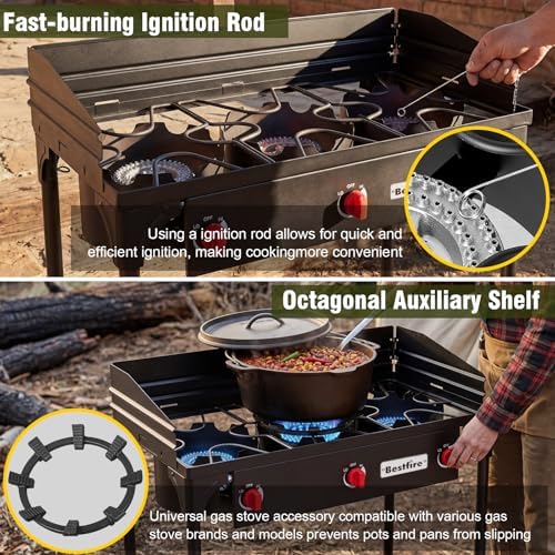 BESTFIRE 3 Burner Camping Stove, 225,000 BTU Propane Stove with Detachable Windscreen, Removable Legs & 20 PSIG Regulator&Octagonal Auxiliary Shelf&Ignition wire for Outdoor Cooking, Canning, BBQ