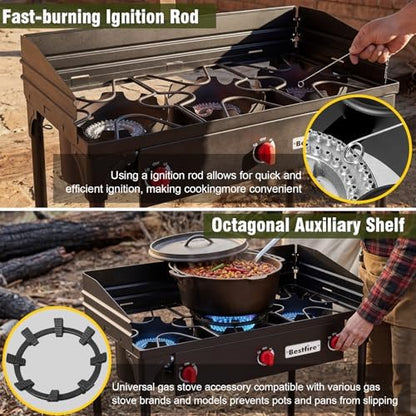 BESTFIRE 3 Burner Camping Stove, 225,000 BTU Propane Stove with Detachable Windscreen, Removable Legs & 20 PSIG Regulator&Octagonal Auxiliary Shelf&Ignition wire for Outdoor Cooking, Canning, BBQ