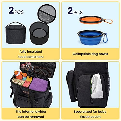 Modoker Dog Travel Bag with 2 Collapsible Dog Bowls, 1 Dog Backpack, Airline Approved Pet Travel BagOrganizer for Supplies & Accessories, 2 Travel Dog Food Container, Black