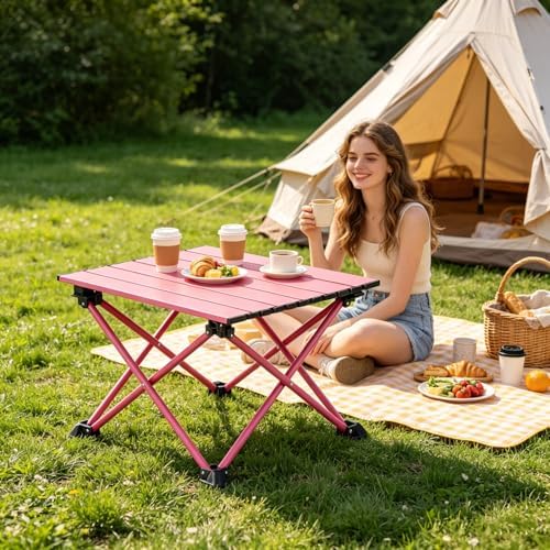 Wind Tour Roll-Up Camping Table, 4-Person Lightweight Portable Outdoor Table with Carry Bag for Picnics BBQ Travel (15.7”x13.7”x11” | Pink)