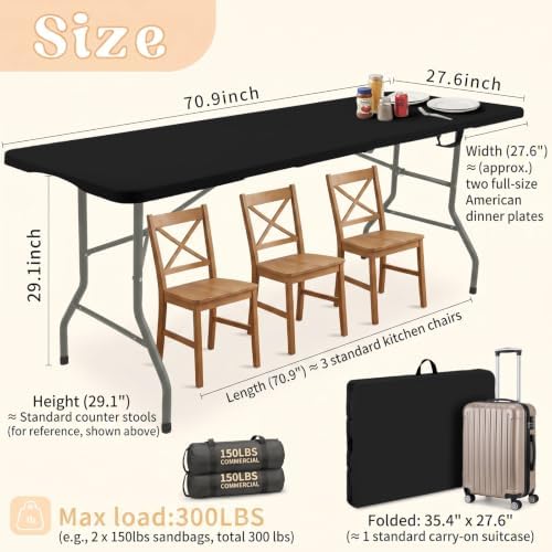 HAISIWLKJ Folding Table 6 FT Lightweight Camping Table Black Portable Plastic Rectangular Outdoor Dining Table Steel Legs Fold-in-Half with Carrying Handle for Indoor,Picnic,Party,Wedding,Events