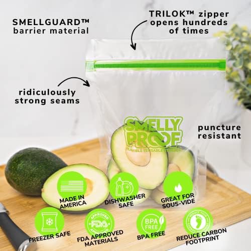 Smelly Proof 10 x Expandable Stand & Fill REUSABLE Storage Bags for Food Designed & Mfg in US, BPA FREE, NO PEVA, Reusable Sandwich Bags, Dishwasher-Safe, Clear 3 mils STAND UP 6.5" x 7.5" - 10pk
