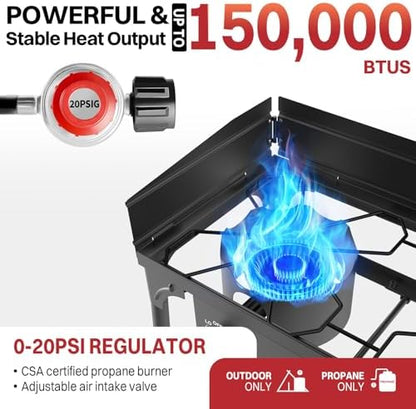 2 Burner Propane Camp Stove | 150,000 BTU | High Pressure Gas Burners