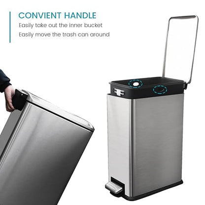 12 Gallon Trash Can, Stainless Steel Kitchen Garbage Can with Removal Inner Bucket, Soft Close Lid, Step on Trash Can for Home and Office, 45 Liter Capacity, Silver