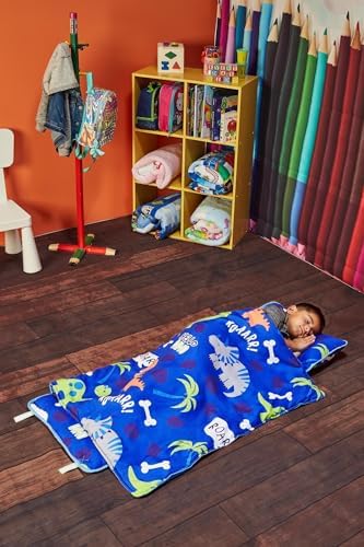 EVERYDAY KIDS Nap Mat with Removable Pillow - Roarin' Dinos - Carry Handle with Straps Closure, Rollup Design, Soft Microfiber for Preschool, Daycare, Travel Sleeping Bag - Ages 3-6 Years