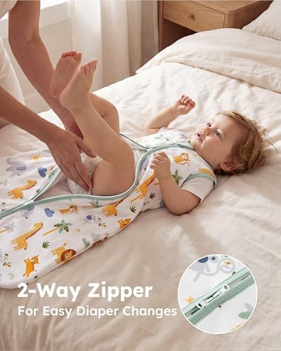 Baby Sleep Sack 6-12 Months 0.5 TOG, 100% Cotton Baby Wearable Blanket 2 Pack with 2-Way Zipper, Lightweight Sleep Bag for Boys ＆ Girls Newborn Infant Breathable Sleeing Sack Green Animal