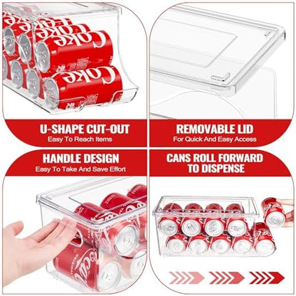 SCAVATA 2 Pack Stackable Refrigerator Organizer, Soda Can Dispenser Pop Cans Container Beverage Holder with Lid for Fridge, Freezer, Kitchen, Clear Plastic Storage Bins-Holds 10 Cans Each