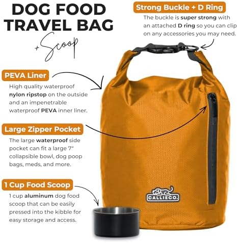 Callieco Dog Food Travel Bag w/ 1 Cup Scoop and Zipper Side Pocket | Waterproof Kibble Storage Container for Home, Road Trips, Camping, Boarding and More (Orange, 64 Cups)