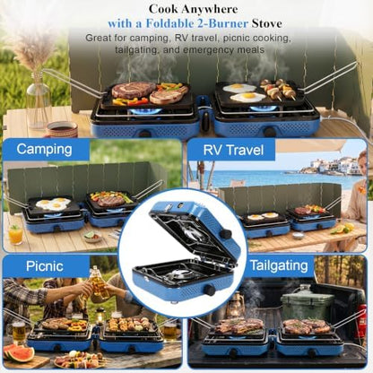 Uniflasy 2-Burner Camping Stove Kit with Carry Bag & Wind Guards