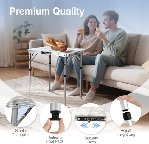 RedSwing 2ft Square Portable Camping Table, Adjustable Height Aluminum Foldable Table with Carry Handle, Lightweight Outdoor Indoor Picnic Samll Card Table for Camping, BBQ, Beach, Hiking