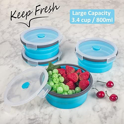 Collapsible Food Storage Containers Round with Airtight Lid, 27 oz, Kitchen Stacking Silicone Collapsible Meal Prep Container Set for Leftover, Microwave Freezer Dishwasher Safe, Blue, Set of 4
