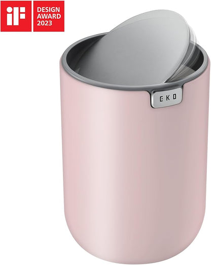 EKO Mini Desk Trash Can with Swing-Top Lid 0.4 Gallon Small Table Round Wastebasket for Office, Home, Car (Pink)