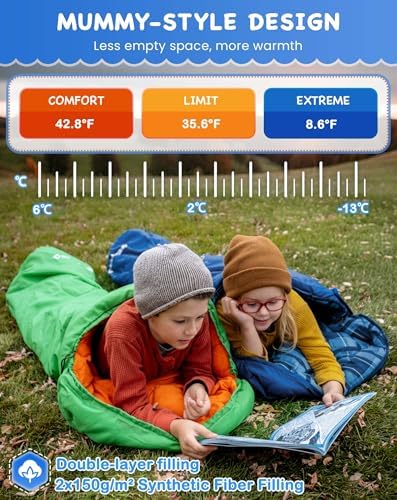 KingCamp 45°F Kids Sleeping Bag, 100% Flannel Sleeping Bag for 10-12 Child