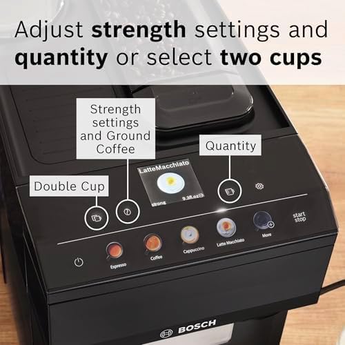 Bosch 500 Series Fully Automatic Espresso and Coffee Machine – Touch Control Panel, Milk Hose, Ceramic Grinder, Uses Beans & Ground Coffee, 9 One-Touch Drinks, in Black TPU40109